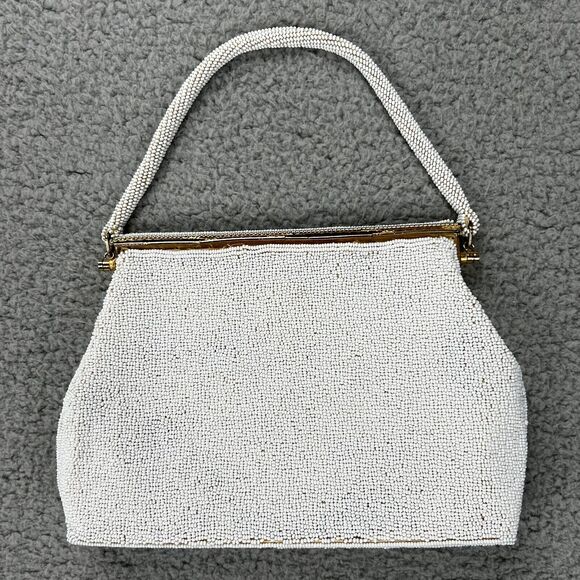 Vintage Floral Needlepoint Seed Beaded Purse Handbag Hinge Closure Beaded Strap - Picture 3 of 9